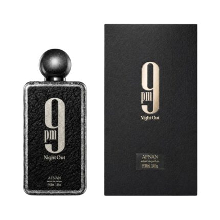 Frasco y caja de 9PM Night Out Afnan Extrait de Parfum