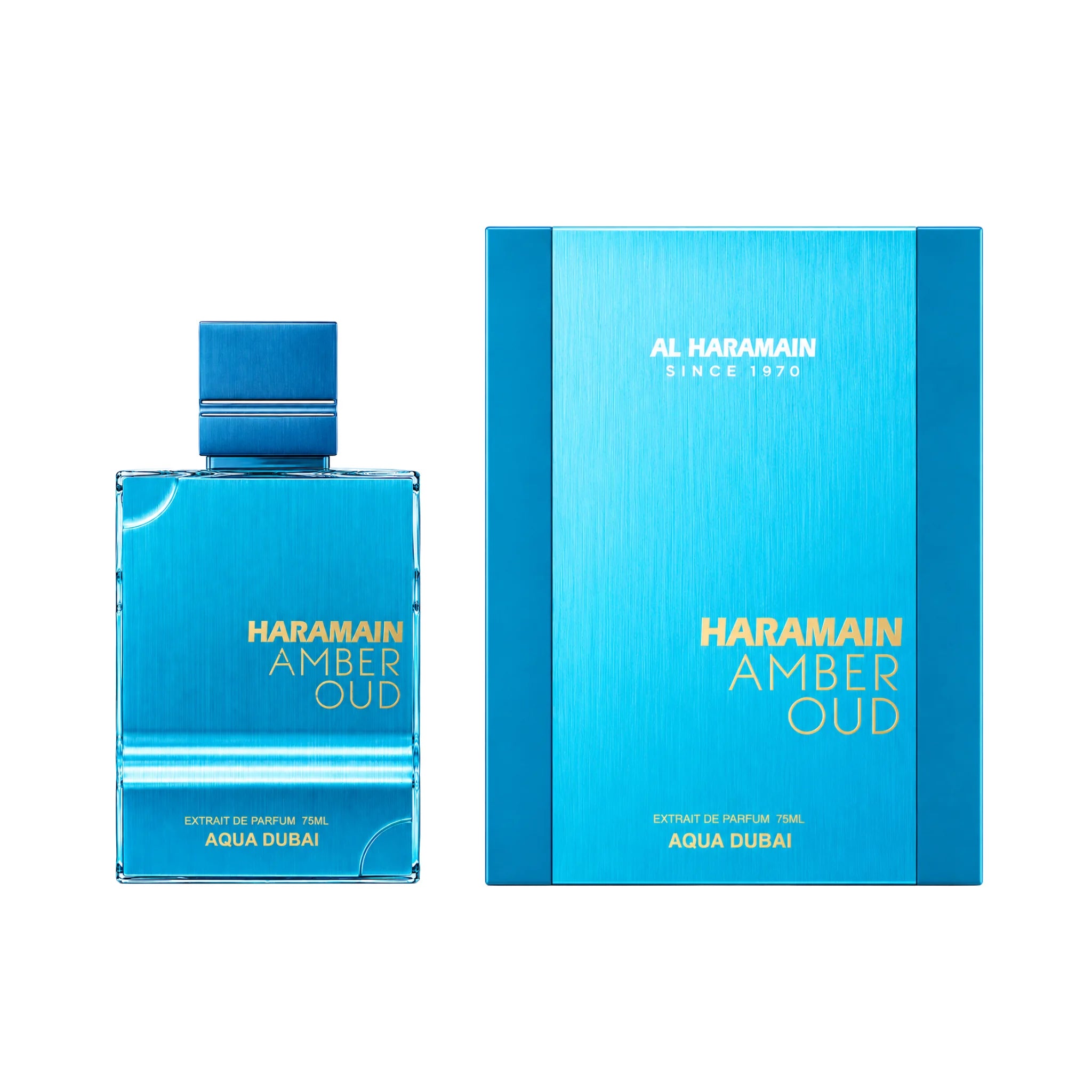 Frasco y caja Amber_Oud_Aqua_Dubai_Al_Haramain_Extrait_de_Parfum_Unisex_con_su_caja
