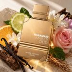 Amber Oud White Edition Al Haramain Eau de Parfum con fondo creativo