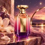Asteria Velixir Eau de Parfum con fondo violeta creativo