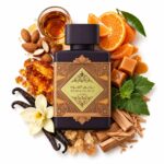 Ingredientes y botella de Bade'e Al Oud Amethyst Fusion Lattafa Eau de Parfum