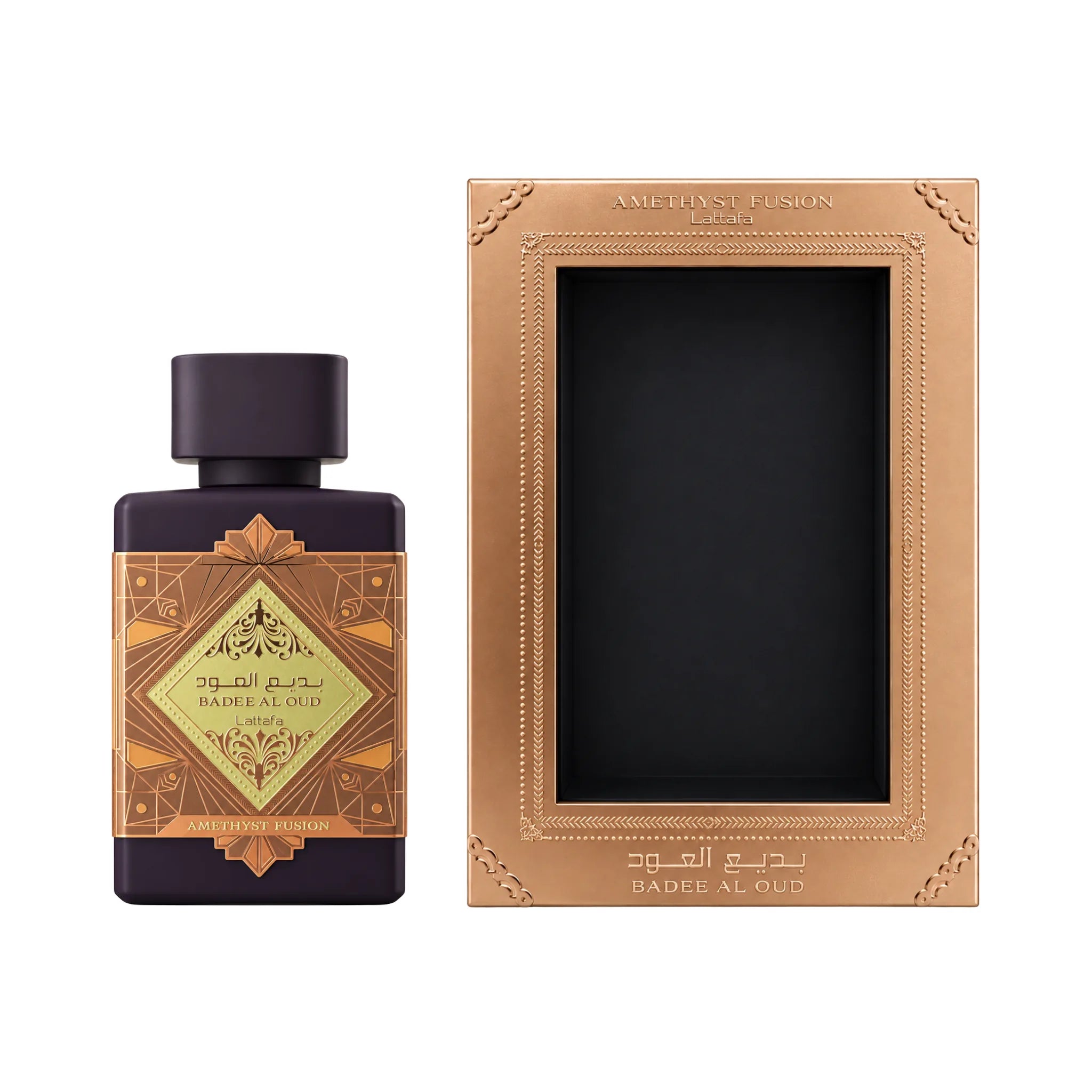 Caja y botella de Bade'e Al Oud Amethyst Fusion Lattafa Eau de Parfum