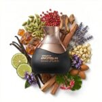 Detour Noir Intense Al Haramain Eau de Parfum Para Hombre con fondo de ingredientes