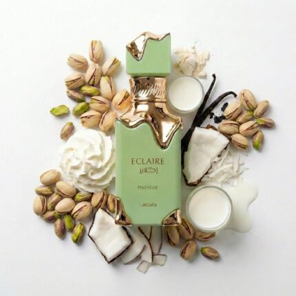 Eclaire Pistache Lattafa Eau de Parfum Unisex con fondo de ingredientes
