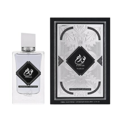 Caja y botella de Fawah Midnight Edition Nusuk Eau de Parfum