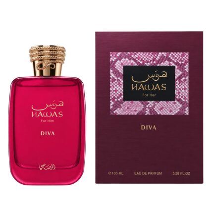 Botella y caja de Hawas Diva Rasasi Eau de Parfum