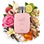 Botella de Hawas Éclat con lichi, pera, bergamota, pistacho, rosa, vainilla, ámbar y maderas sobre fondo blanco