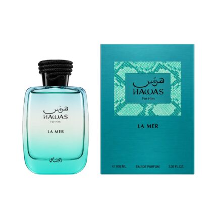 Botella y caja de Hawas La Mer Rasasi Eau de Parfum