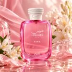 Hawas Pink Rasasi Eau de Parfum con fondo creativo