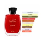 Hawas Rouge Rasasi Eau de Parfum con gráfico de sus acordes florales, avainillados y cálidos