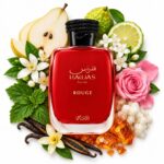 Hawas Rouge con pera, bergamota, flores blancas, rosa, pachulí, vainilla y ámbar sobre fondo blanco