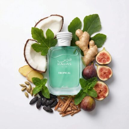 Hawas Tropical Rasasi Eau de Parfum Para Hombre con fondo de ingredientes