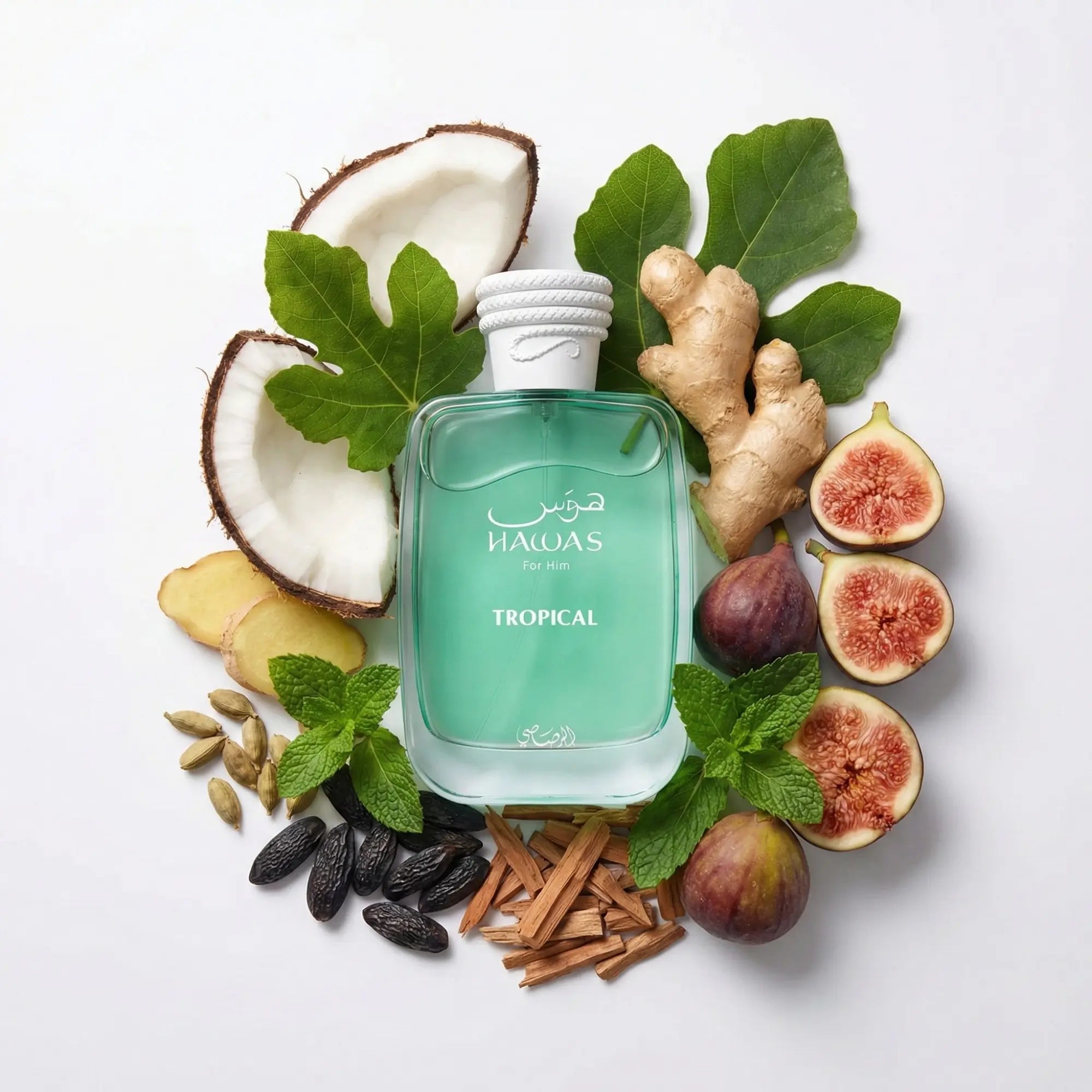 Hawas Tropical Rasasi Eau de Parfum Para Hombre con fondo de ingredientes