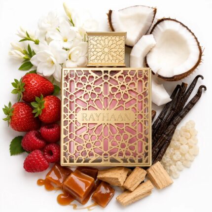 Kiss Rayhaan Eau de Parfum Para Mujer con fondo de ingredientes
