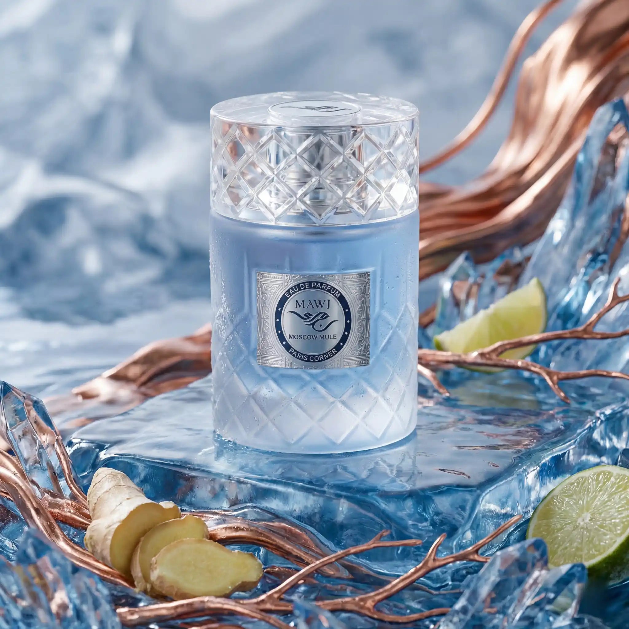 Mawj Moscow Mule Paris Corner Eau de Parfum Unisex con fondo creativo de hielo