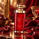 Mayar Cherry Intense Lattafa Eau de Parfum con fondo creativo cereza