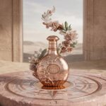 Nyla Arabiyat Prestige Eau de Parfum con fondo dorado y flores