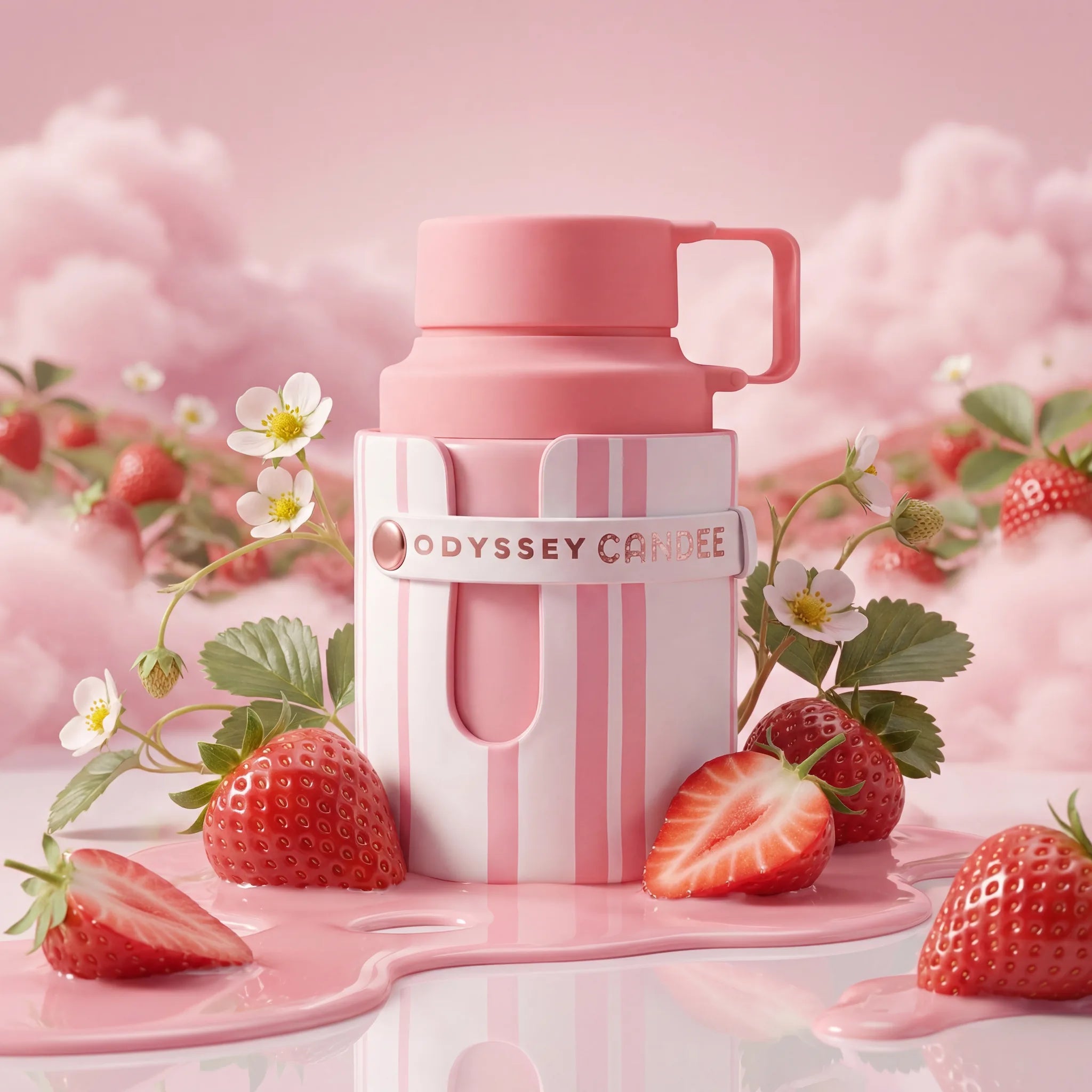 Odyssey Candee Armaf Eau de Parfum Para Mujer con fondo de fresas