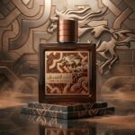 Qaed Al Fursan Untamed Lattafa Eau de Parfum Para Hombre con fondo marron y caballo