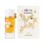 Caja y botella de Raheeq Nusuk Extrait de Parfum