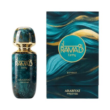 Caja y botella de Ramad Earthy Arabiyat Prestige Extrait de Parfum