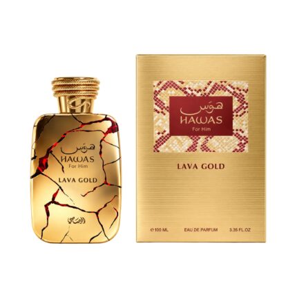 Frasco y caja de Hawas Lava Gold Rasasi Eau de Parfum